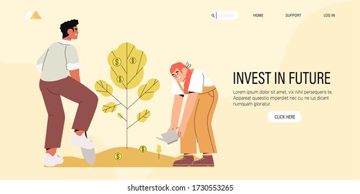 Business or future investment banner, web page, ui with people maintain money tree with golden coins. Income potential or profit planning app, money making strategy, partnership and teamwork concept.