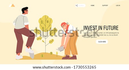 Business or future investment banner, web page, ui with people maintain money tree with golden coins. Income potential or profit planning app, money making strategy, partnership and teamwork concept.