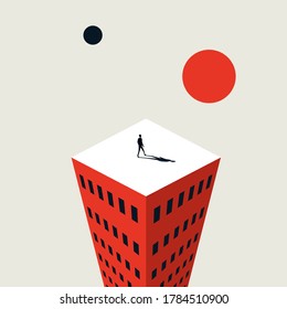 Business future and strategy vector concept. Symbol of success, challenge and also uncertainty. Businessman on top of building. Visionary leader looking for opportunity. Eps10 illustration.