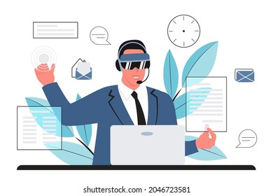 Business Of The Future. A Young Man Works In Vr-glasses At A Laptop On An Interactive Panel With Virtual Documents. Technology Flat Vector Illustration