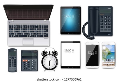 Business gadgets set Vector realistic. Computer, tablet, phone and calculator