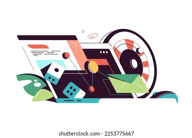 Business as gambling vector illustration. Laptop with rising graph, coins, roulette and dice, high-stakes decisions and uncertain outcomes concept.