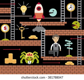 business game, businessman comes to success and money 
(vector illustration, flat concept)