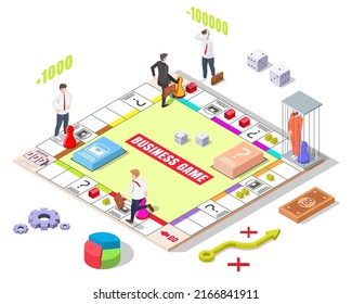 Business game and businesspeople on board vector. Businessman player moving on field illustration. Financial competition, strategic challenge