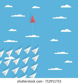 Business game changer concept vector with one paper plane flying in different direction than others. Revolutionary idea, brave leadership, unique solution symbol. Eps10 vector illustration.