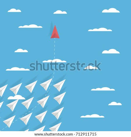 Business game changer concept vector with one paper plane flying in different direction than others. Revolutionary idea, brave leadership, unique solution symbol. Eps10 vector illustration.