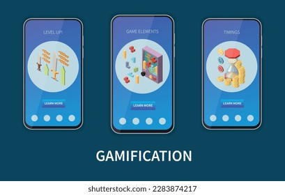 Business gamification elements isometric mobile banners set isolated on dark background 3d vector illustration