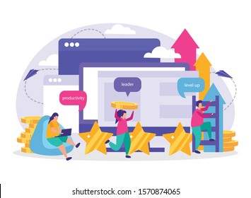 Business gamification flat composition with icons representing productivity leadership level up elements vector illustration 
