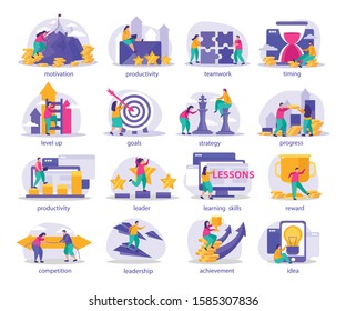 Business gamification flat icons with caption including motivation productivity leadership idea strategy competition reward goals vector illustration