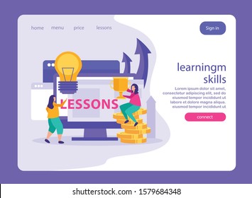 Business gamification flat landing page offering learning skills in business strategy competition and achievement vector illustration 