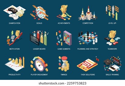Business gamification strategy productivity teamwork motivation training isometric conceptual icons set isolated on color background 3d vector illustration