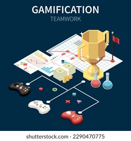 Business-Gamilton- und Teamwork-Konzept mit Spieljoystick und 3D-isometrischer Vektorgrafik mit Siegercup