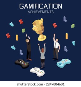 Business gamification teamwork goal achievement isometric concept with happy employees and golden cup 3d vector illustration