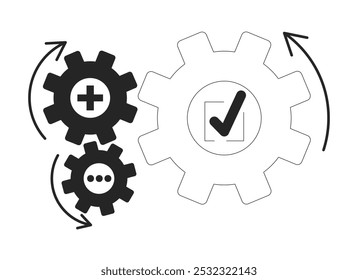 As engrenagens de negócios conectam o objeto de linha 2D preto e branco. Automação do processo de Cogs. Junção de integração. Item de estrutura de tópicos de vetor de clip-art isolado de volantes de gerenciamento de projeto. Ilustração de ponto monocromático