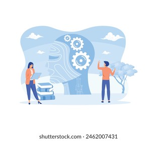 Business with Gears at Huge Cyborg Head. Artificial Intelligence, Machine Learning and Training Concept. flat vector modern illustration 