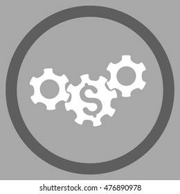 Business Gears vector bicolor rounded icon. Image style is a flat icon symbol inside a circle, dark gray and white colors, silver background.