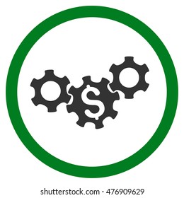 Business Gears vector bicolor rounded icon. Image style is a flat icon symbol inside a circle, green and gray colors, white background.