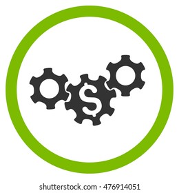 Business Gears vector bicolor rounded icon. Image style is a flat icon symbol inside a circle, eco green and gray colors, white background.