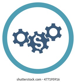 Business Gears vector bicolor rounded icon. Image style is a flat icon symbol inside a circle, cyan and blue colors, white background.
