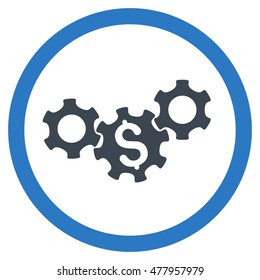 Business Gears vector bicolor rounded icon. Image style is a flat icon symbol inside a circle, smooth blue colors, white background.