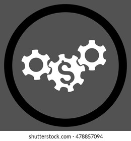 Business Gears vector bicolor rounded icon. Image style is a flat icon symbol inside a circle, black and white colors, gray background.