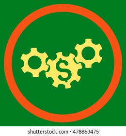 Business Gears vector bicolor rounded icon. Image style is a flat icon symbol inside a circle, orange and yellow colors, green background.