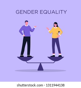 Business gender equality vector concept with businessman and businesswoman standing on weigher or scales on the same height. Symbol of equal pay, salary, fairness and justice and emancipation. 