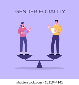 Business gender equality vector concept with businessman and businesswoman standing on weigher or scales on the same height. Symbol of equal pay, salary, fairness and justice and emancipation. 