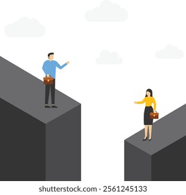 Business gender gap inequality vector concept with businessman and businesswoman standing across gap. Eps10 vector illustration.

