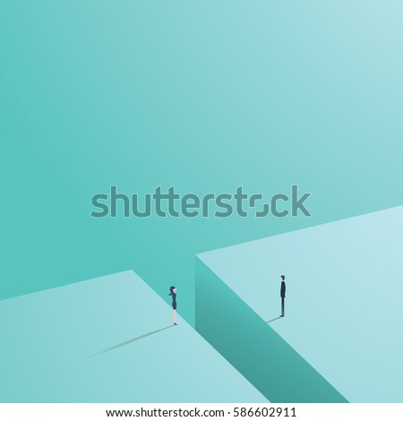 Business gender gap inequality vector concept with businessman and businesswoman standing across gap. Eps10 vector illustration.