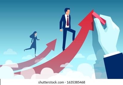 Business gender inequality concept. Vector of a businesswoman climbing up her own career path while businessman being supported by corporate hand