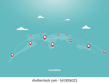 Business and geolocation. Dash line tracking,  Business tourist service, Holidays and vacations, Online tracking, Sky with clouds background, Vector illustration flat