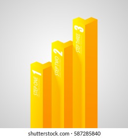 Business geometric infographic template with yellow vertical bars and three options on gray background isolated vector illustration