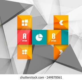 Business geometric option steps infographics. Color glossy shapes - buttons with numbers, letters and icons