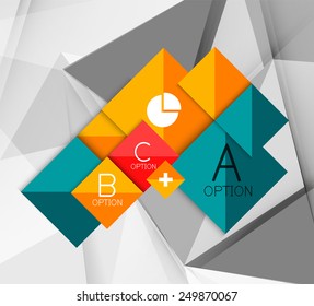 Business geometric option steps infographics. Color glossy shapes - buttons with numbers, letters and icons