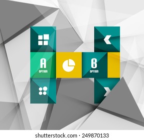 Business geometric option steps infographics. Color glossy shapes - buttons with numbers, letters and icons