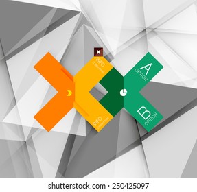 Business geometric option steps infographics. Color glossy shapes - buttons with numbers, letters and icons