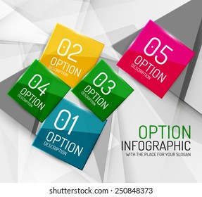 Business geometric option steps infographics. Color glossy shapes - buttons with numbers, letters and icons