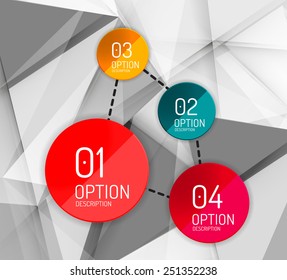 Business geometric option steps infographics. Color glossy shapes - buttons with numbers, letters and icons 