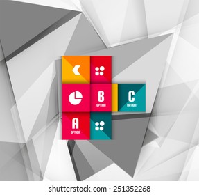 Dados infográficos de etapas de opção geométrica de negócios. Formas brilhantes de cores - botões com números, letras e ícones 