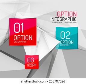 Business geometric option steps infographics. Color glossy shapes - buttons with numbers, letters and icons 