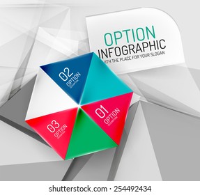 Business geometric option steps infographics. Color glossy shapes - buttons with numbers, letters and icons 