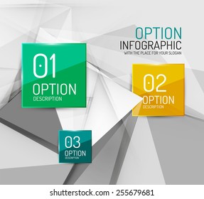 Business geometric option steps infographics. Color glossy shapes - buttons with numbers, letters and icons 