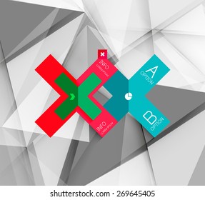 Business geometric option steps infographics. Color glossy shapes - buttons with numbers, letters and icons 