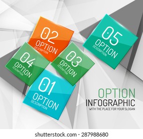 Business geometric option steps infographics. Color glossy shapes - buttons with numbers, letters and icons 