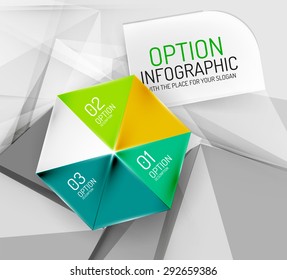 Business geometric option steps infographics. Color glossy shapes - buttons with numbers, letters and icons 