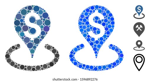 Business geotargeting mosaic of circle elements in different sizes and color tinges, based on business geotargeting icon. Vector circle elements are united into blue composition.