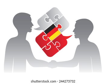 Business German dialog. Two men and Puzzle bubble talk with a German flag symbolizing German conversation.Vector illustration 