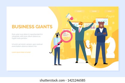 Business giants vector, businessmen serious hipster animals tiger and bear with megaphone chess figures and infocharts with information of project. Website or webpage template, landing page flat style
