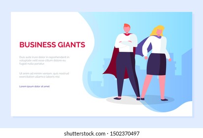 Business giants vector, people wearing gowns, man and woman super heroes in city. Almighty characters in formalwear, successful teamwork colleague. Website or webpage template, landing page flat style